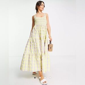 ASOS DESIGN shirred maxi sundress with tiers in lilac and lemon check